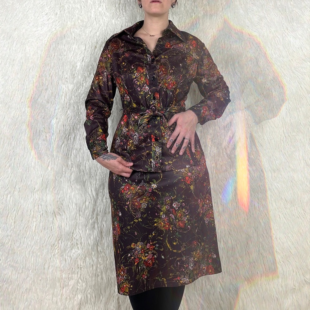 Vintage 70s Brown Multi-Colored Fall Floral Shirt & Skirt Suit Set